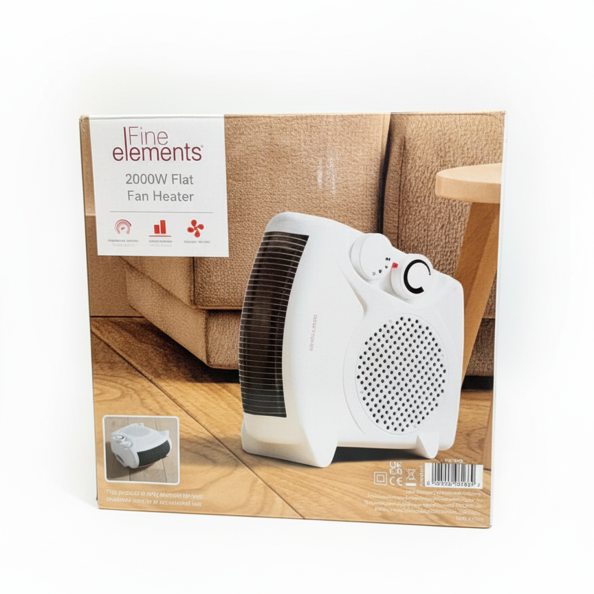 Fan heater packaging with 'Fine Elements' branding on a white background