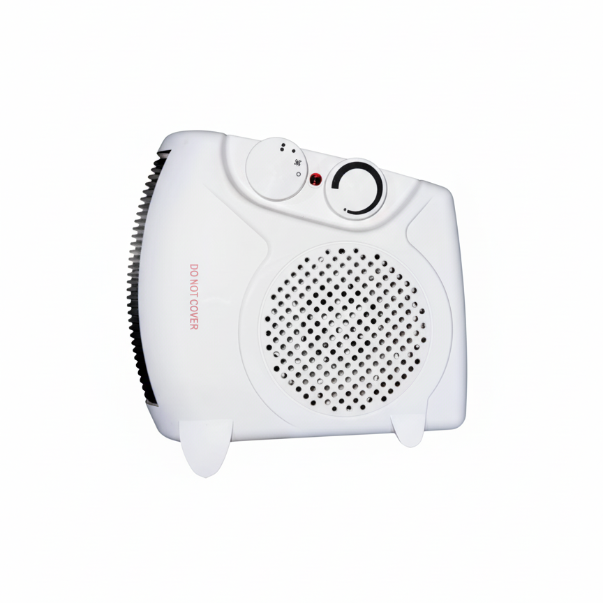 White handheld fan heater on a white background