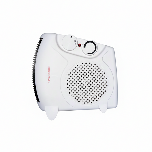 White handheld fan heater on a white background