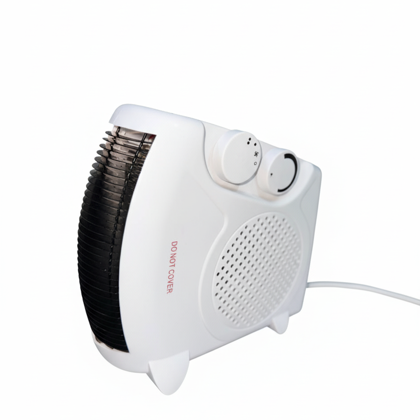 White space heater with black grills on a white background