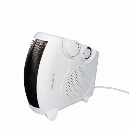 White space heater with black grills on a white background