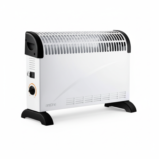 White convector heater with black accents on a white background