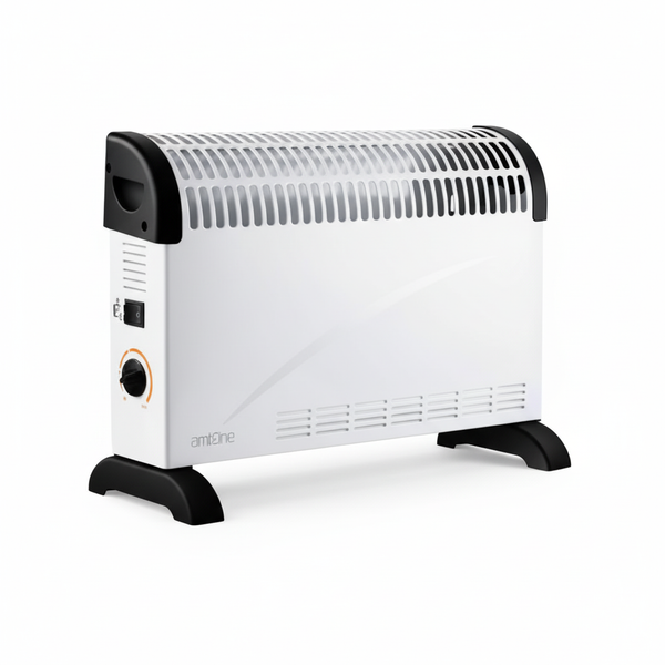 White convector heater with black accents on a white background