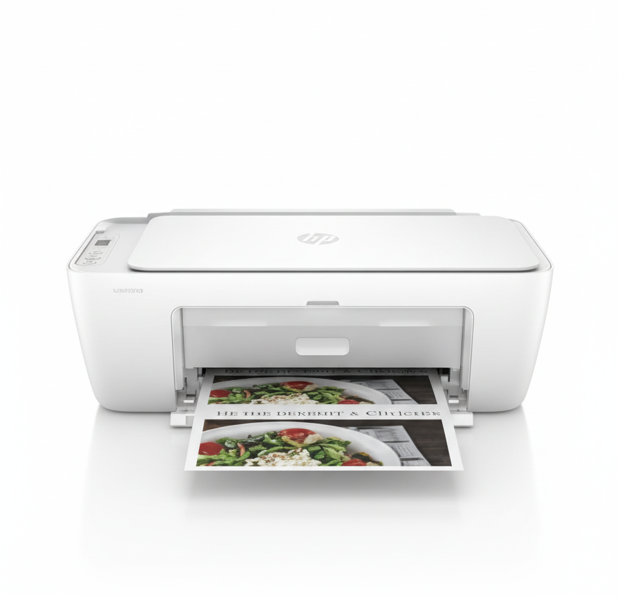 White printer on a white background with printed photos