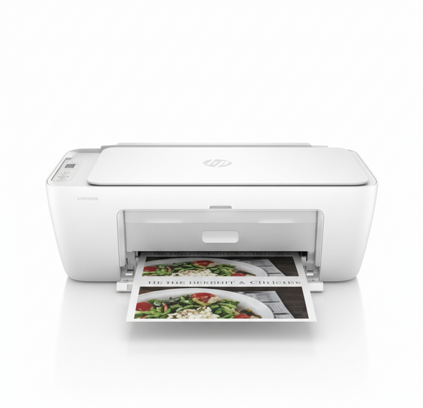 White printer on a white background with printed photos